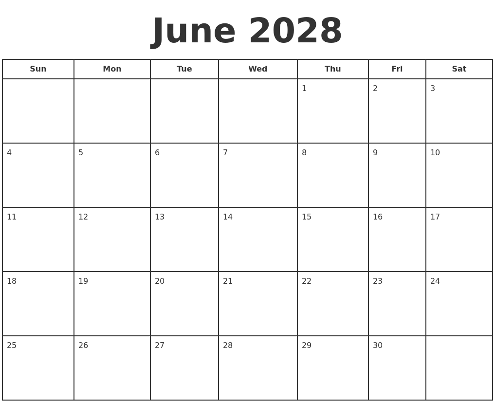 June 2028 Print A Calendar