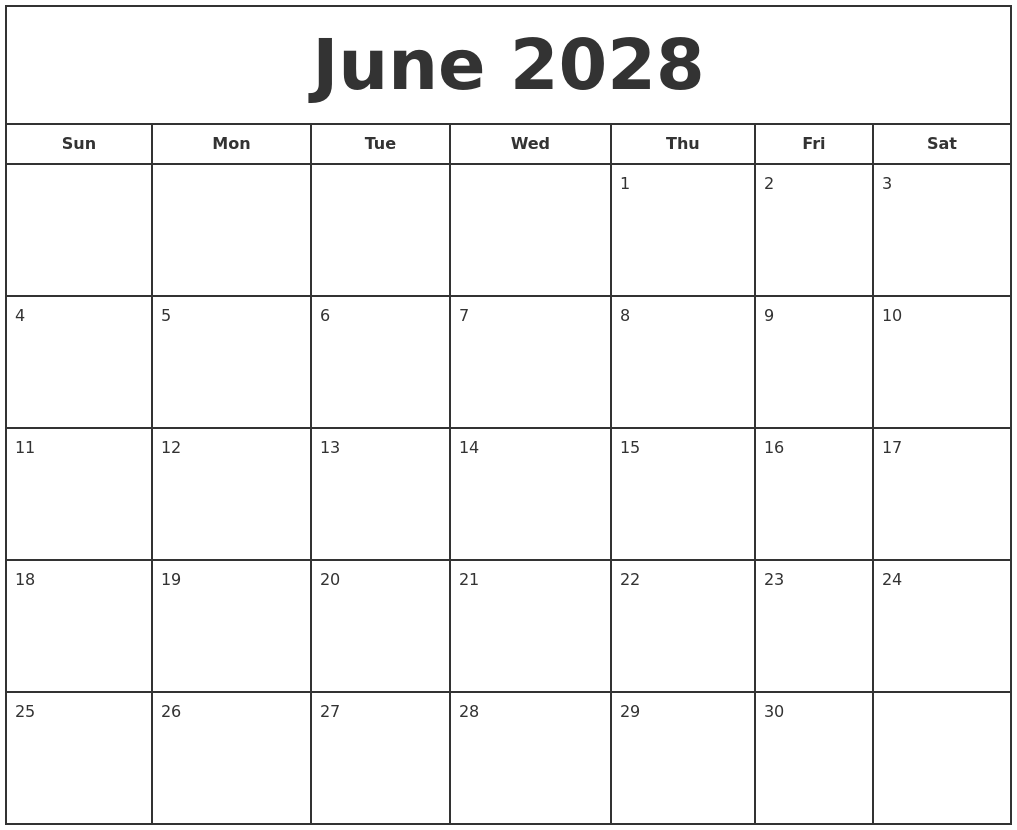 June 2028 Print Free Calendar
