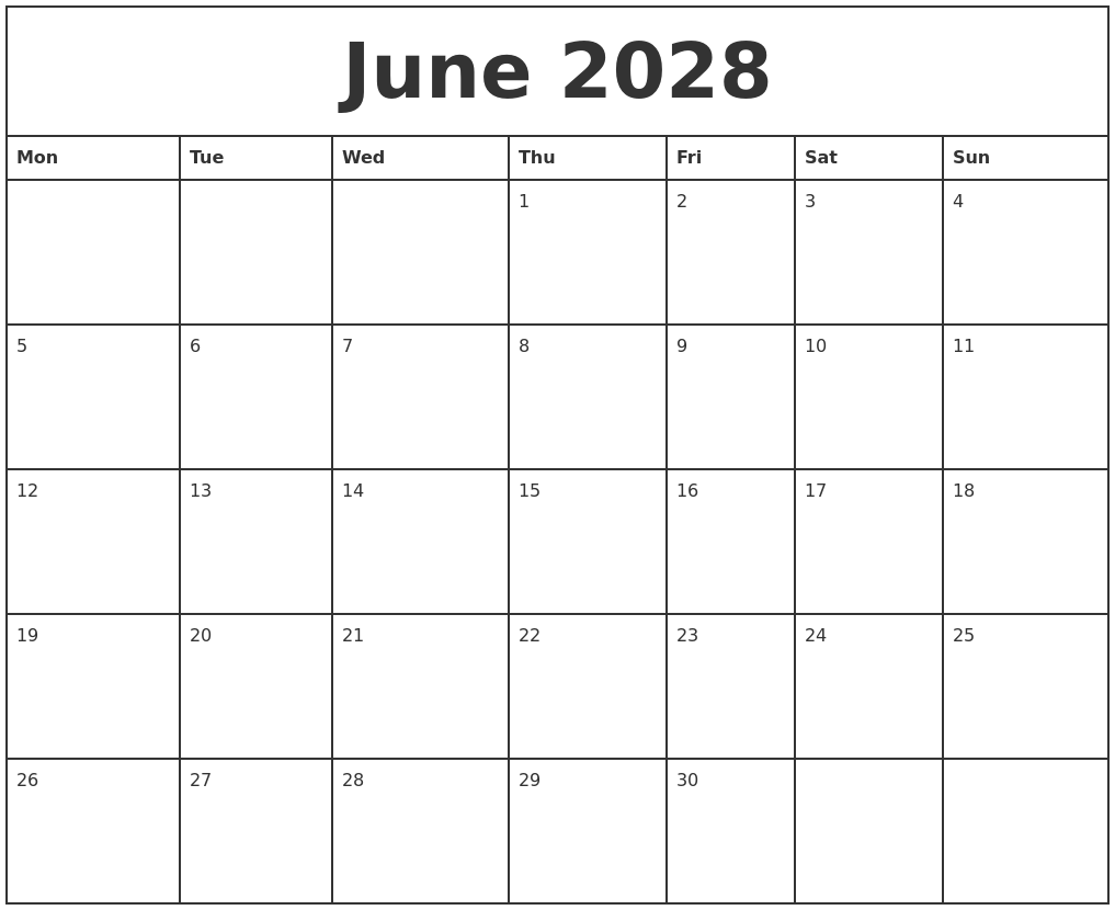 June 2028 Printable Monthly Calendar