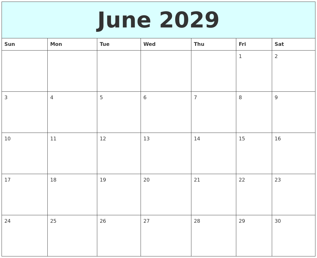 June 2029 Free Calendar