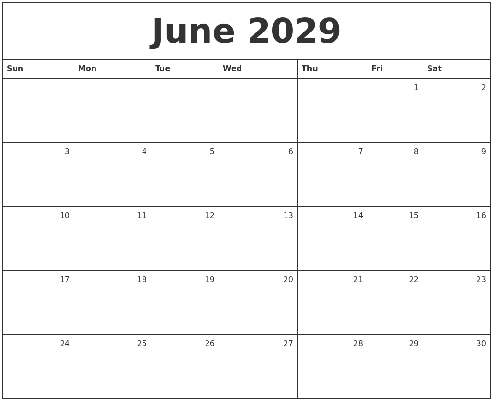 June 2029 Monthly Calendar
