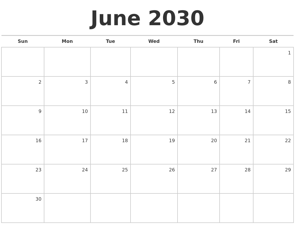 June 2030 Blank Monthly Calendar