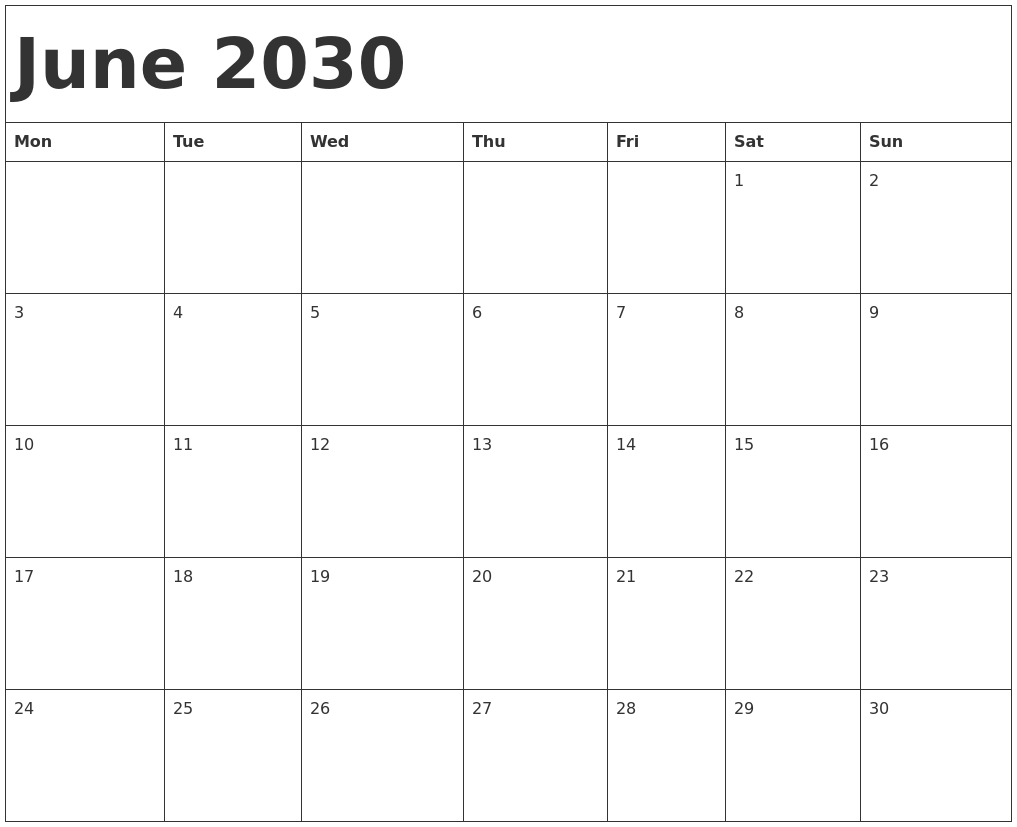 June 2030 Calendar Template