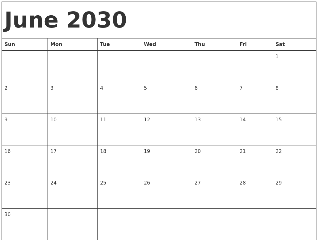 June 2030 Calendar Template