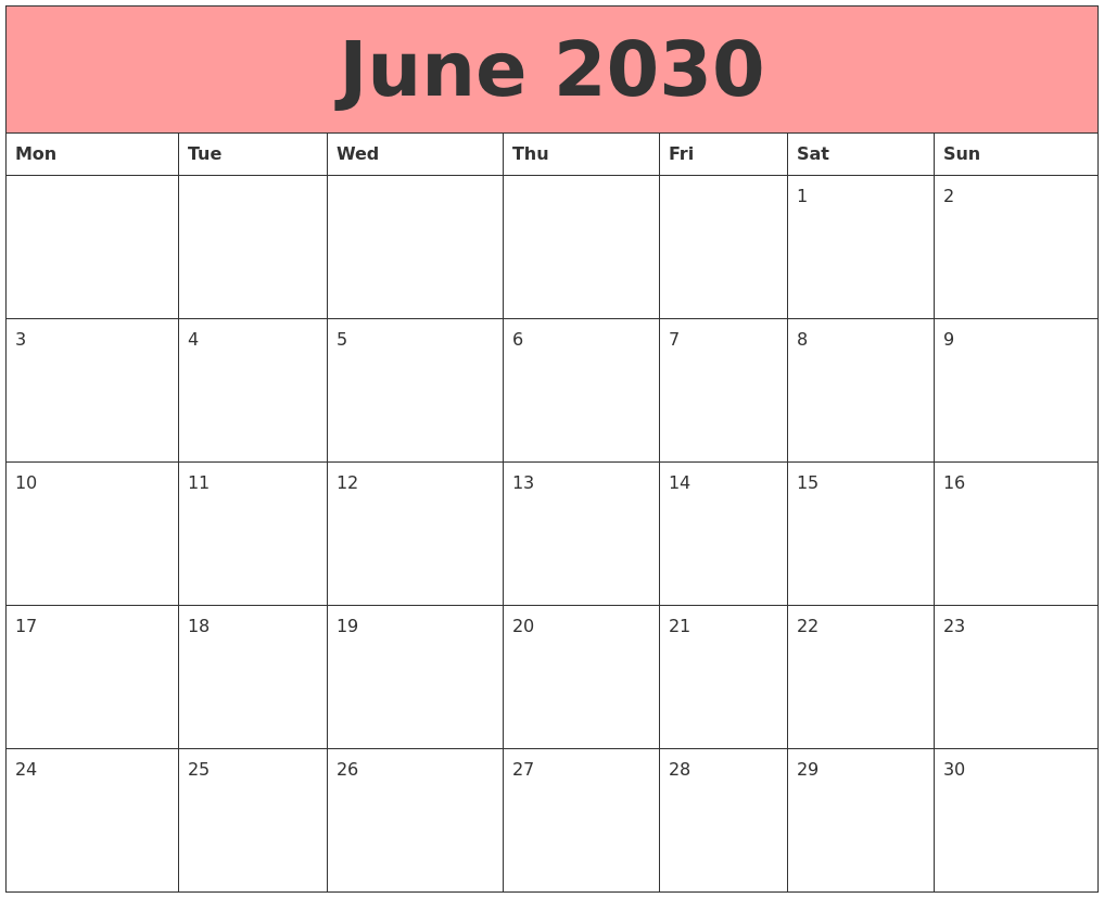 June 2030 Calendars That Work