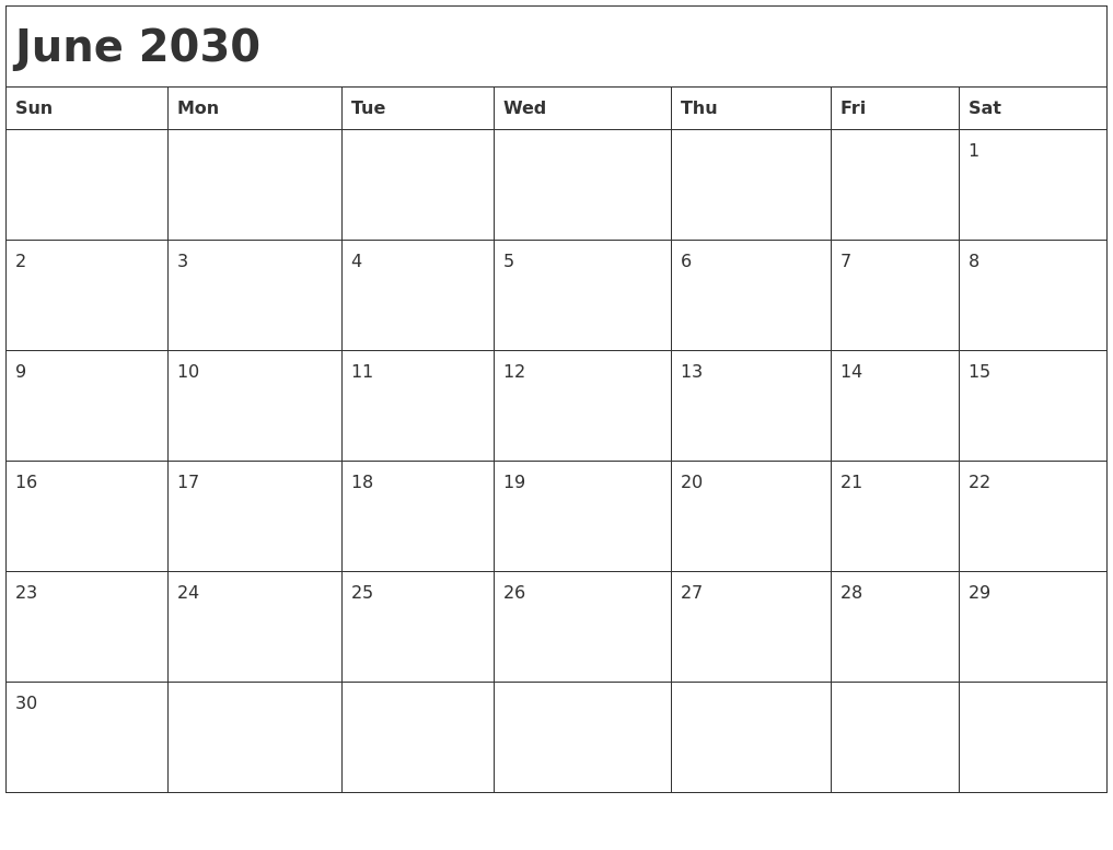 June 2030 Month Calendar