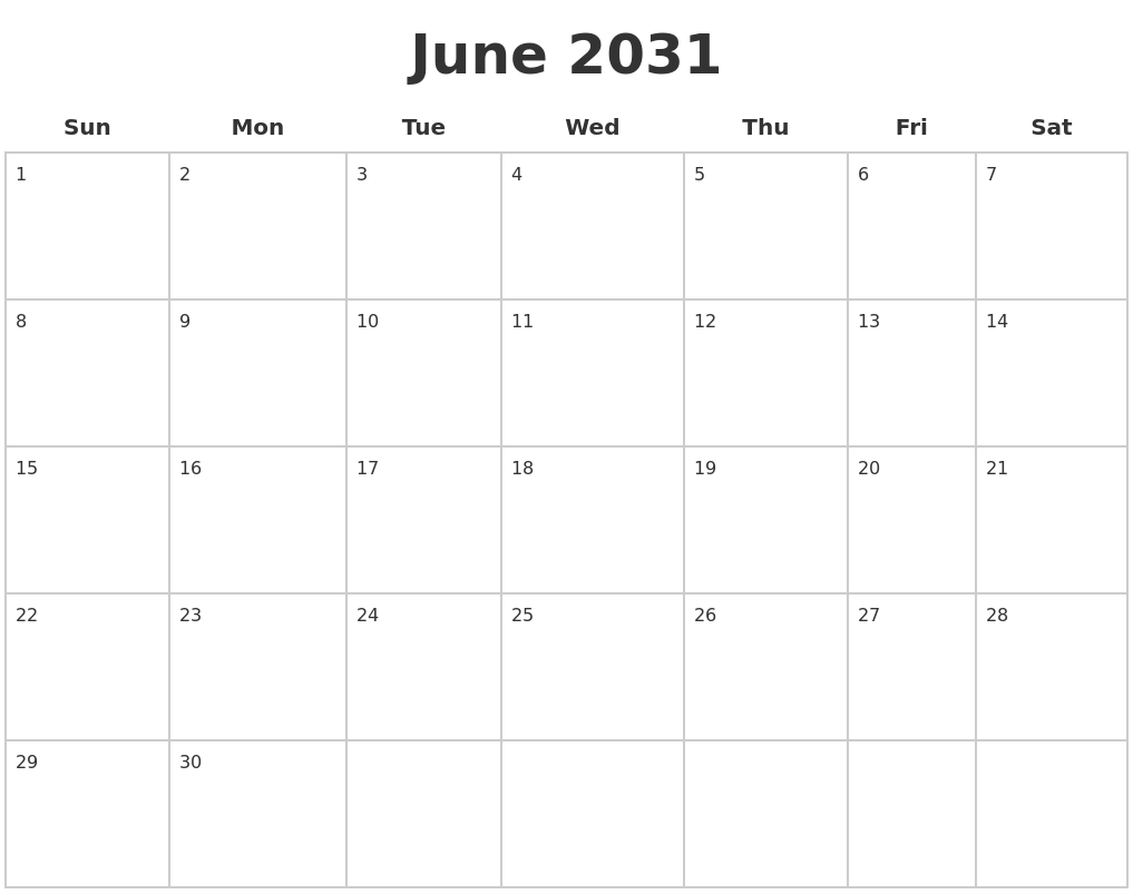 June 2031 Blank Calendar Pages