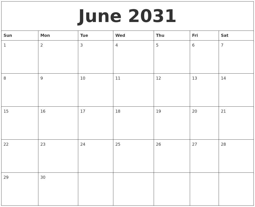 June 2031 Blank Calendar Printable