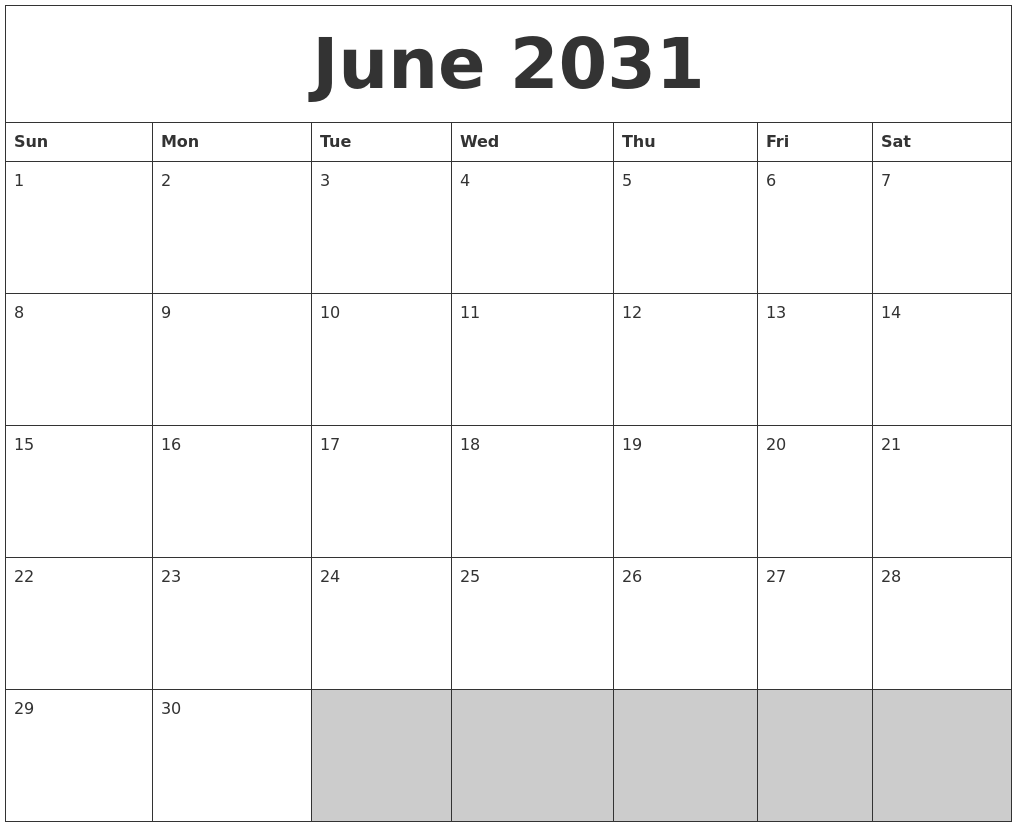 June 2031 Blank Printable Calendar