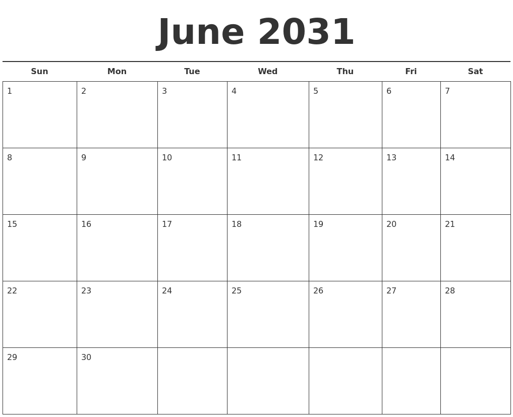 June 2031 Free Calendar Template
