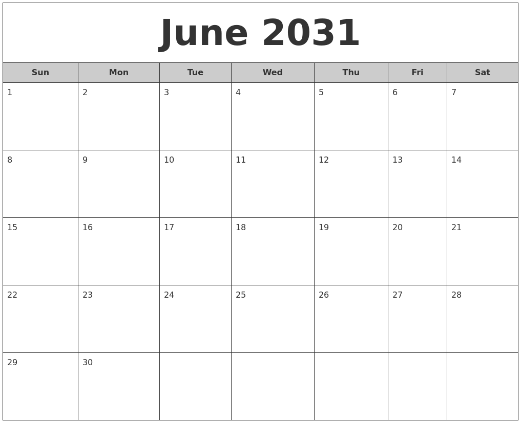 June 2031 Free Monthly Calendar