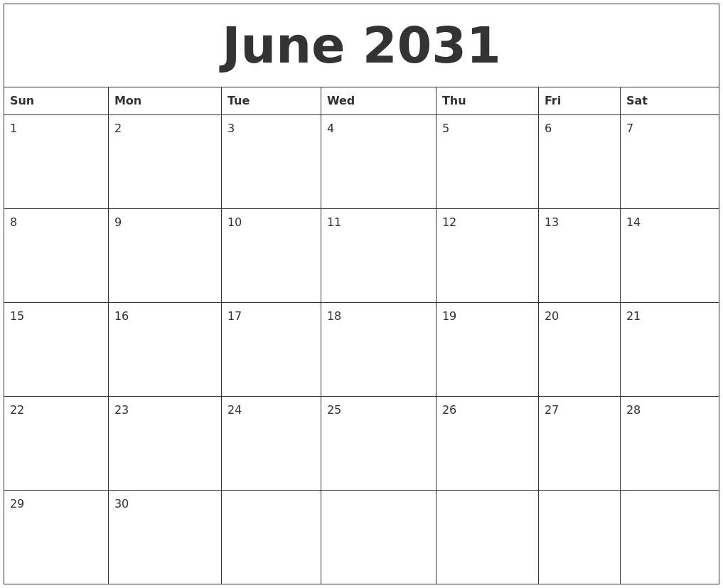June 2031 Free Printable Weekly Calendar