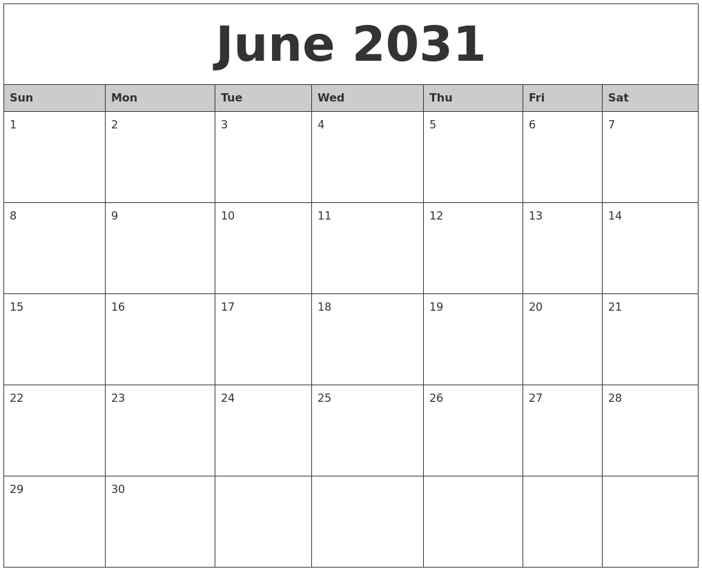 June 2031 Monthly Calendar Printable