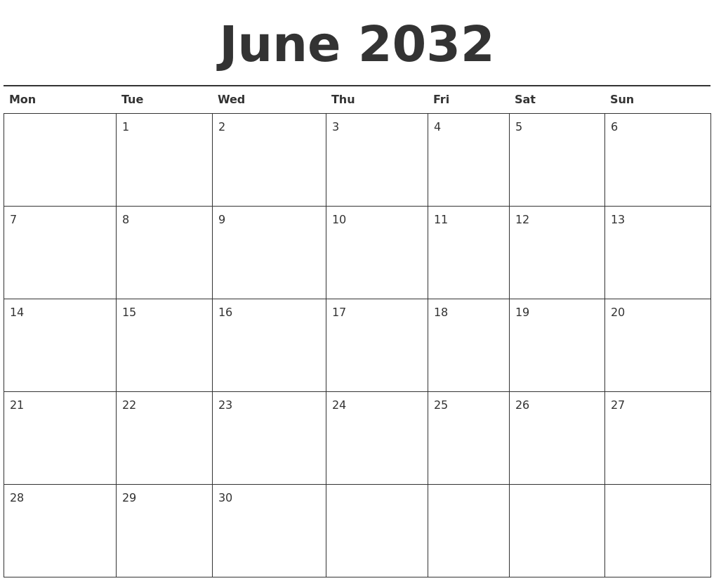 June 2032 Calendar Printable