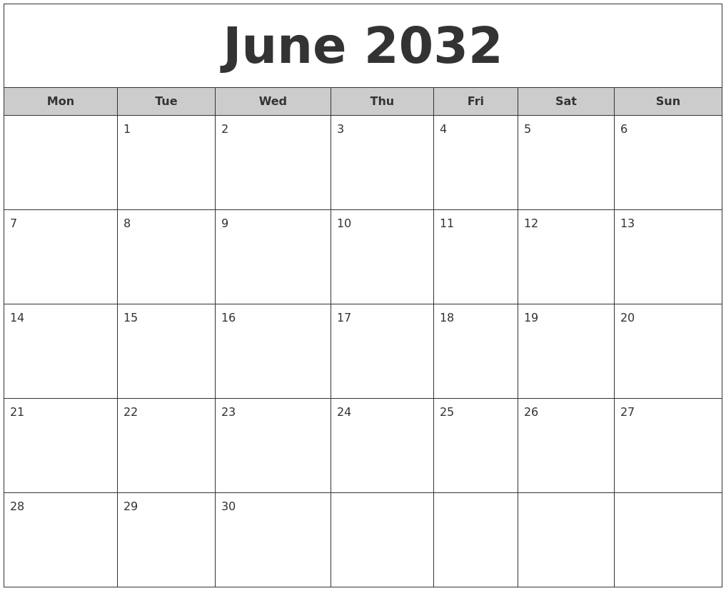 June 2032 Free Monthly Calendar