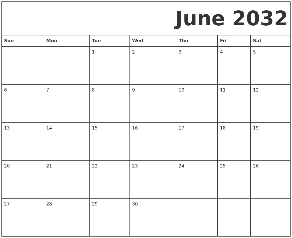 June 2032 Free Printable Calendar