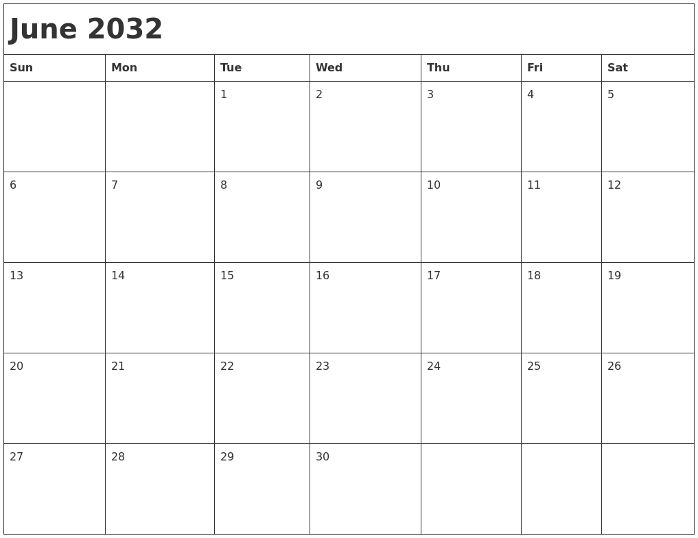 June 2032 Month Calendar