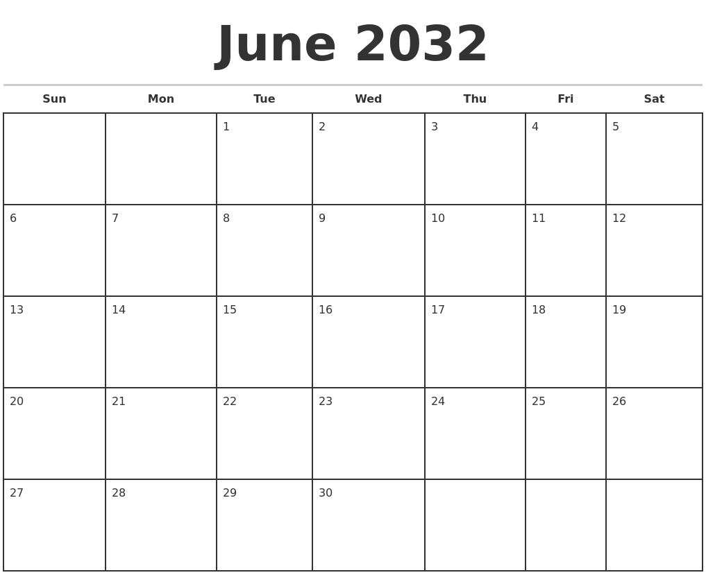 June 2032 Monthly Calendar Template