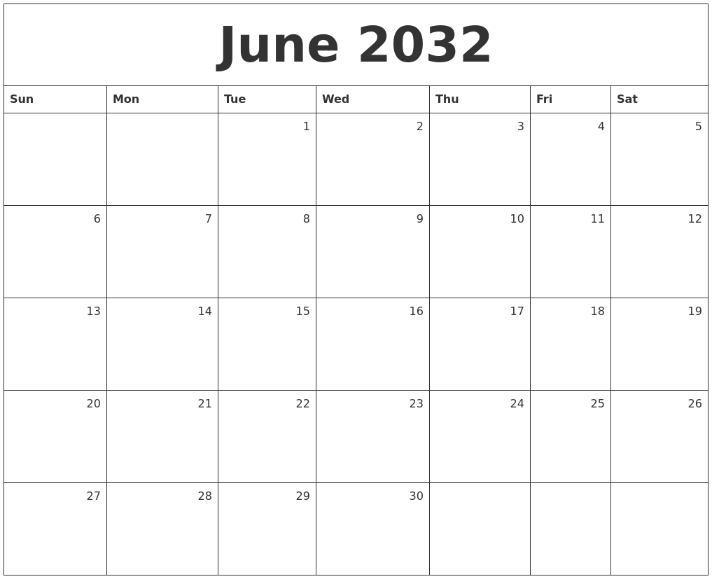 June 2032 Monthly Calendar