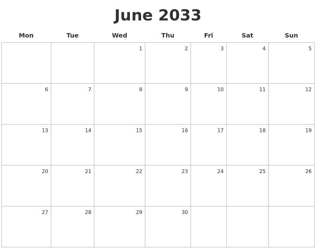 June 2033 Make A Calendar