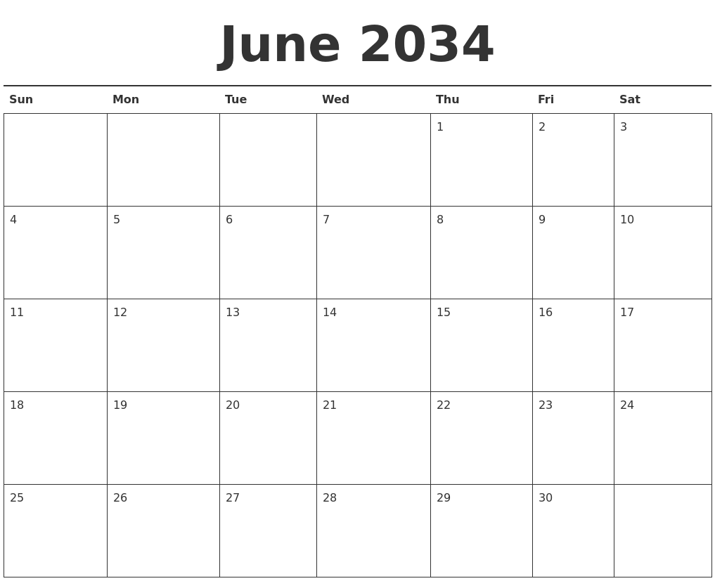 June 2034 Calendar Printable