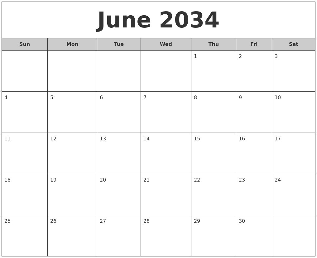 June 2034 Free Monthly Calendar