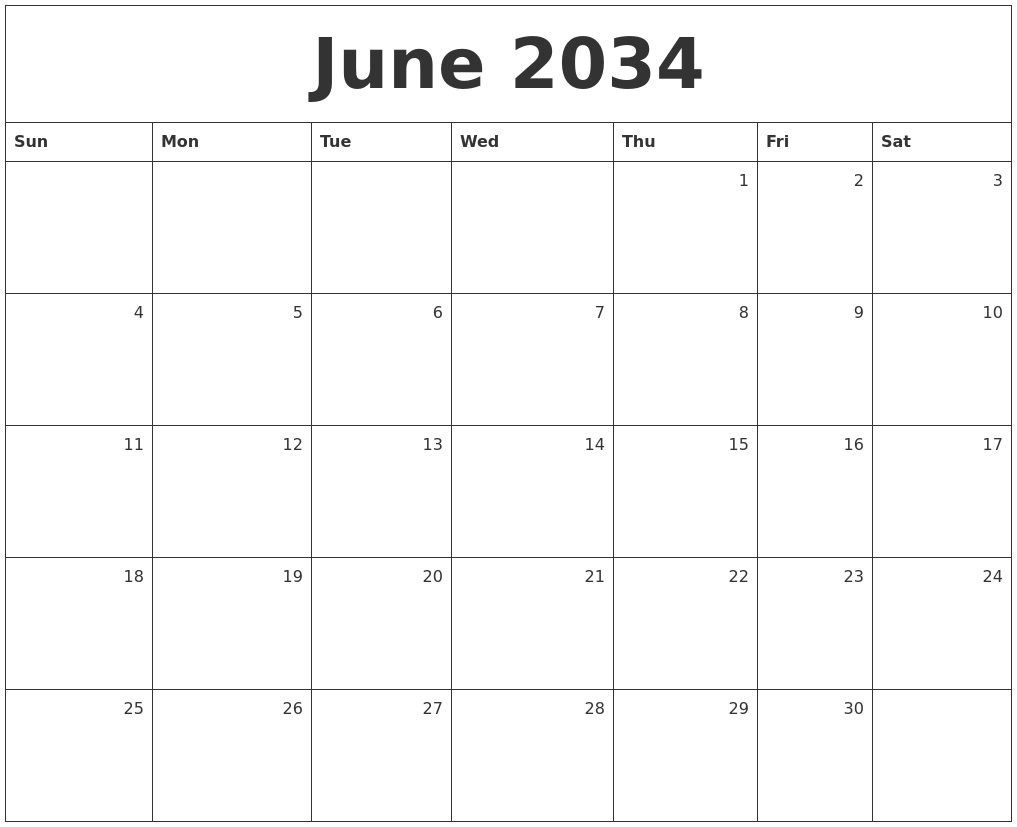 June 2034 Monthly Calendar