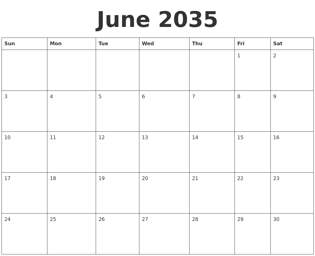 June 2035 Blank Calendar Template