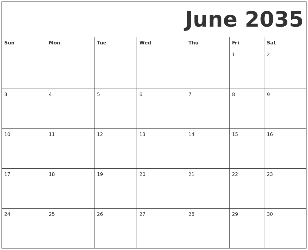 June 2035 Free Printable Calendar