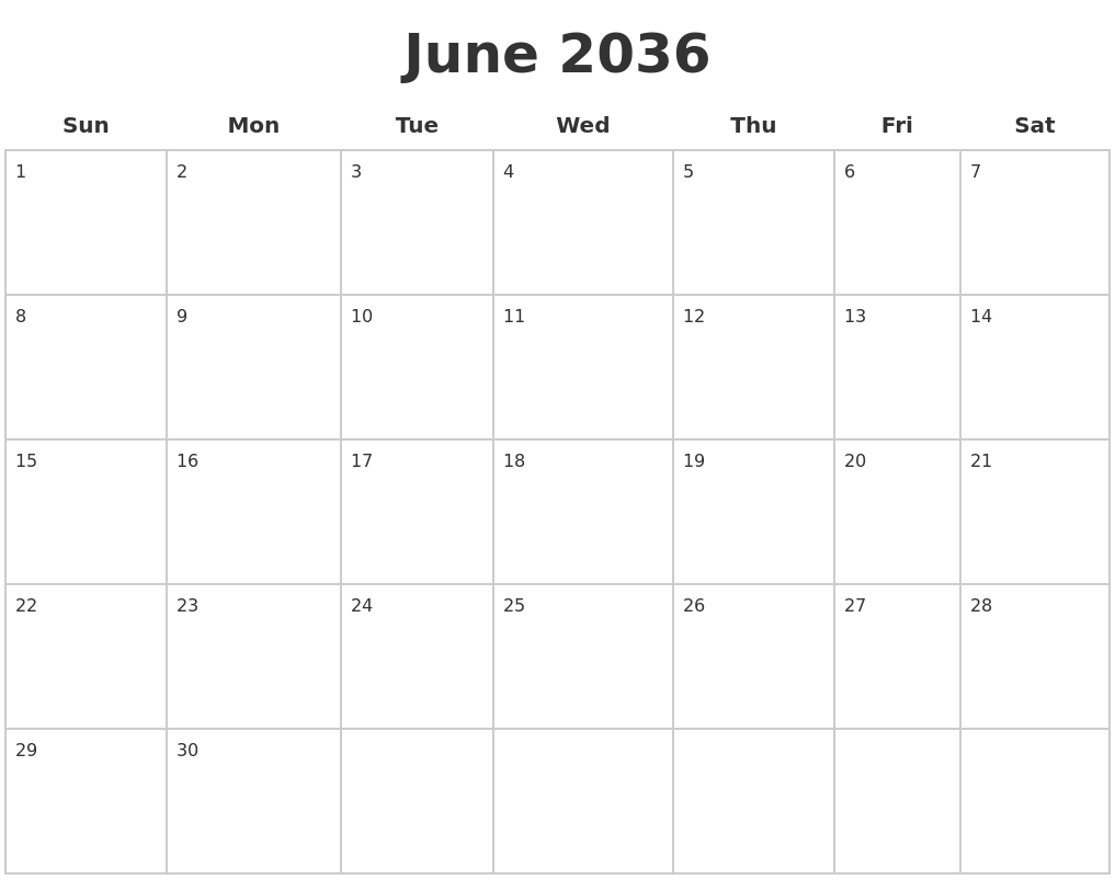 June 2036 Blank Calendar Pages