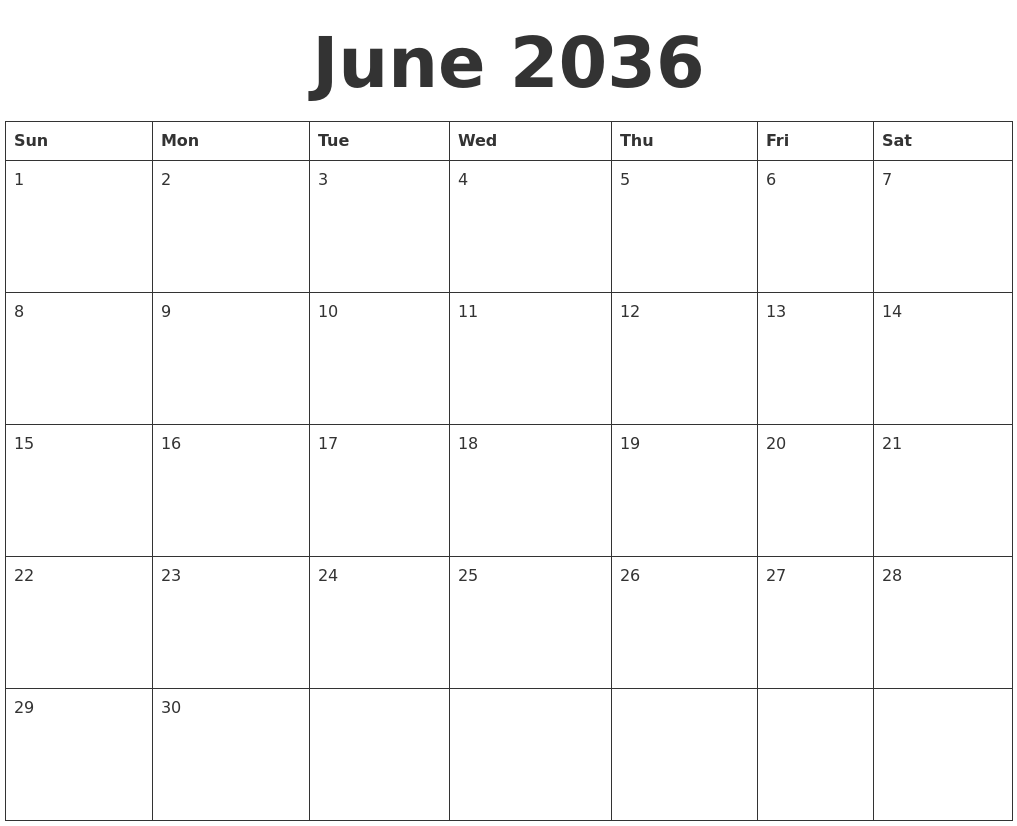 June 2036 Blank Calendar Template