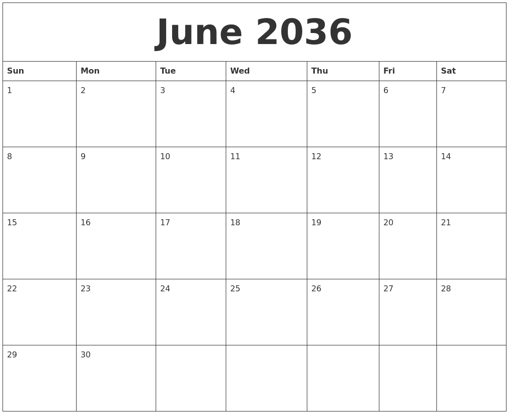 June 2036 Blank Monthly Calendar Template