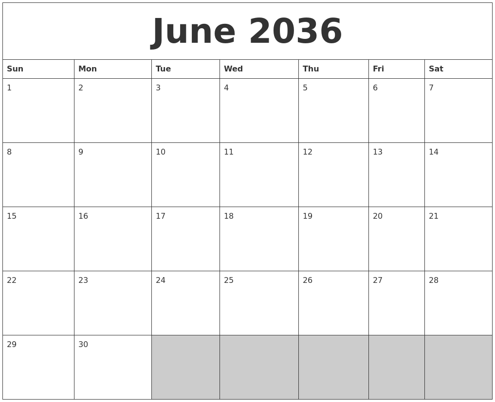 June 2036 Blank Printable Calendar