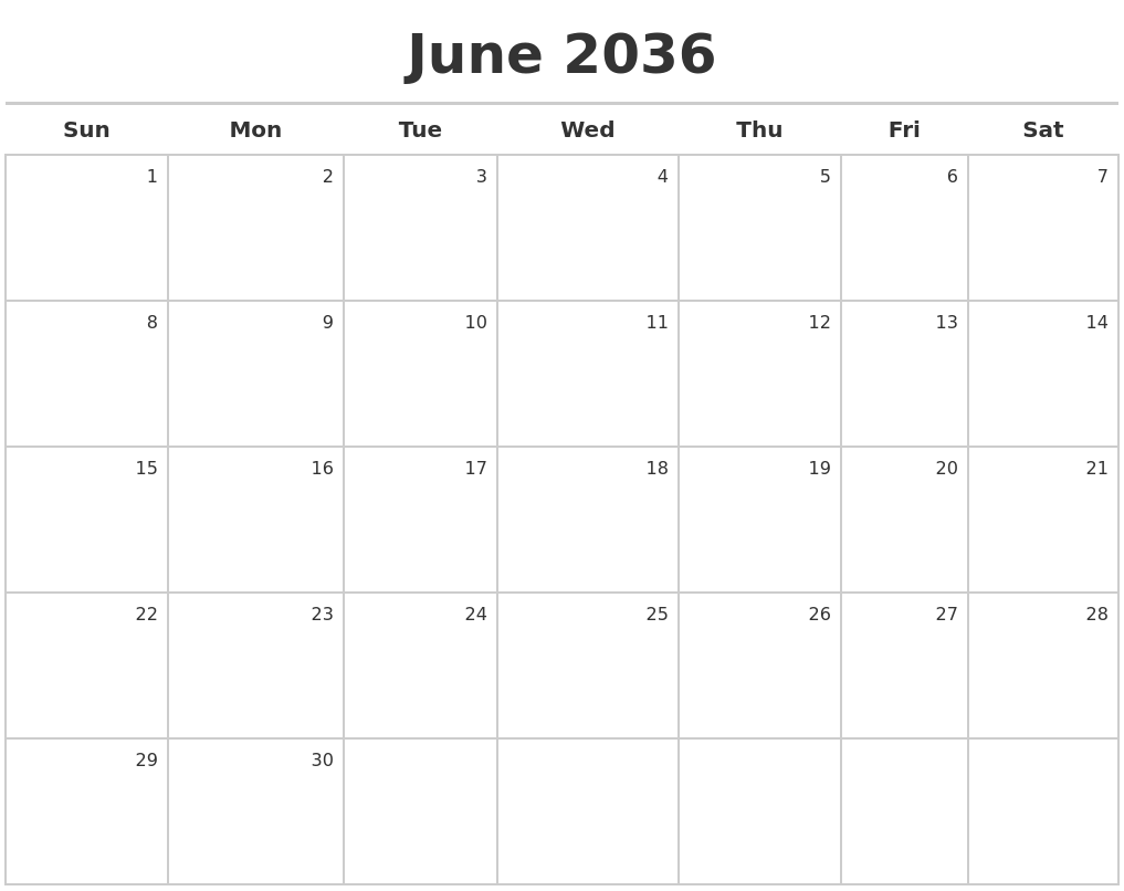 June 2036 Calendar Maker