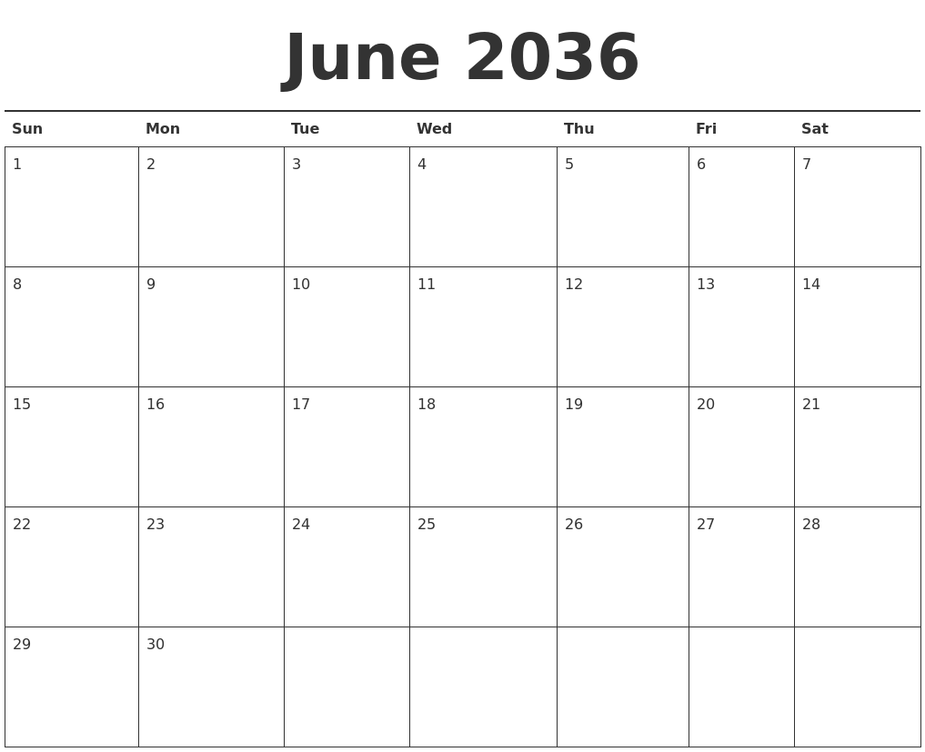 June 2036 Calendar Printable