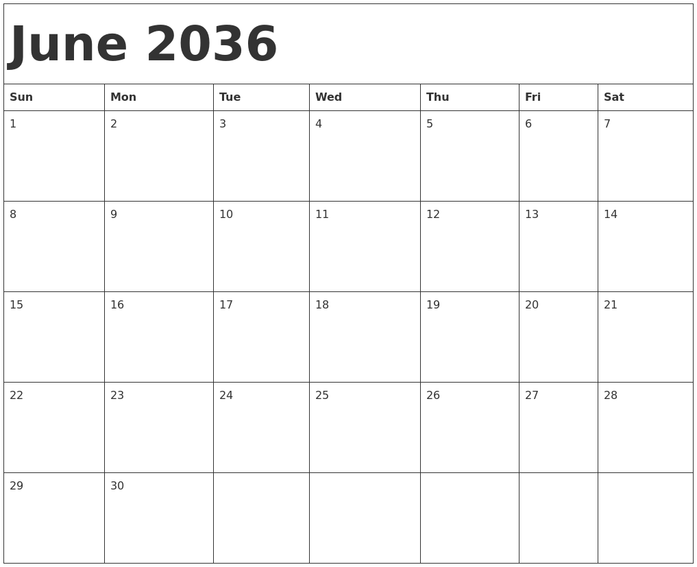 June 2036 Calendar Template
