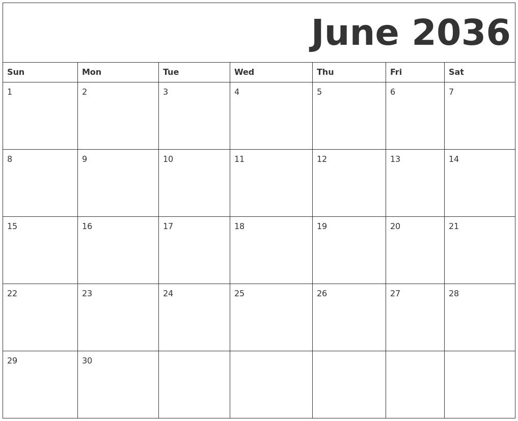 June 2036 Free Printable Calendar
