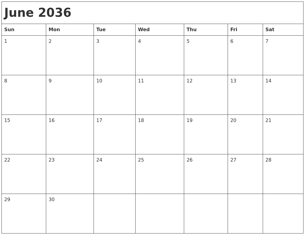 June 2036 Month Calendar