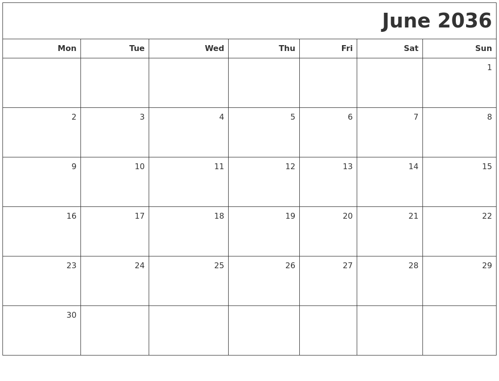 June 2036 Printable Blank Calendar