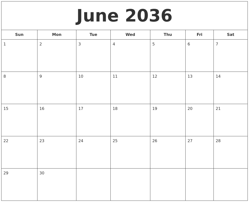 June 2036 Printable Calendar