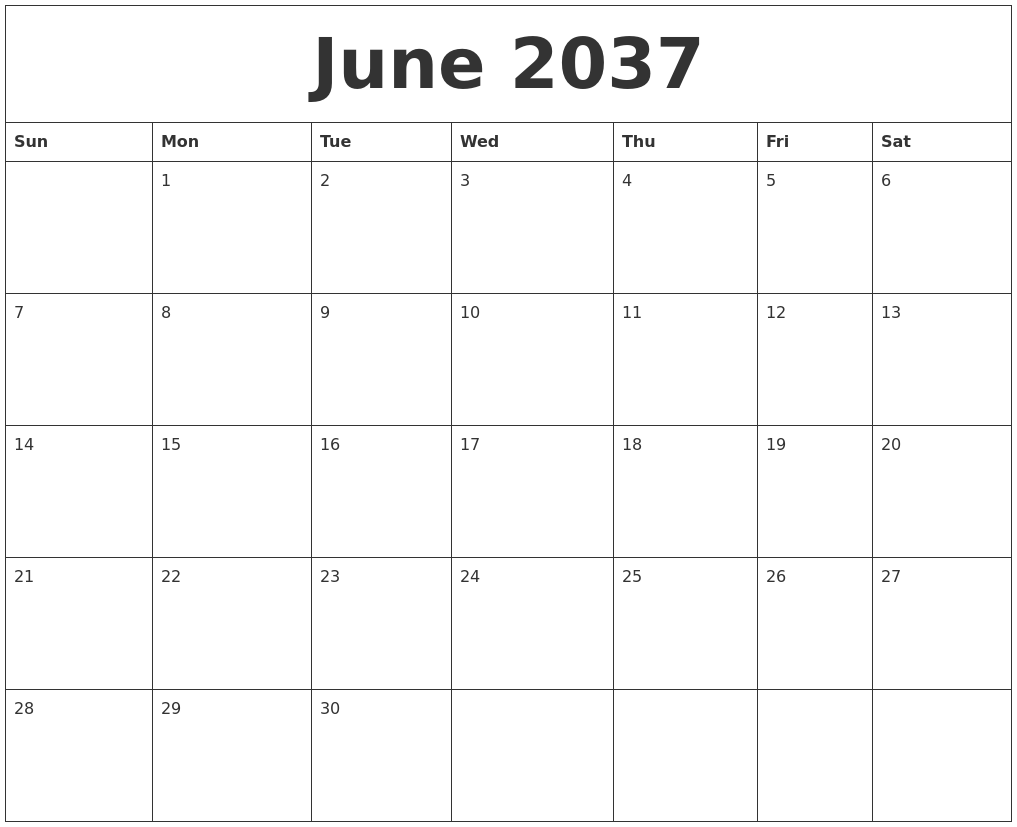 June 2037 Calendar Monthly