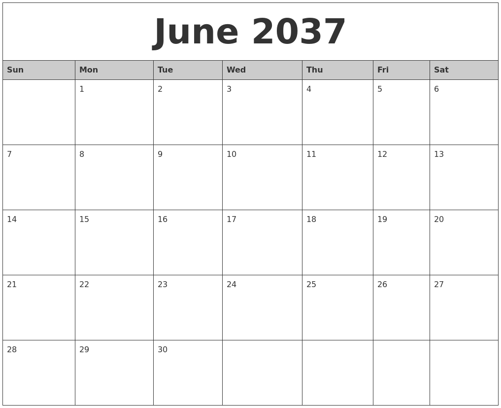 June 2037 Monthly Calendar Printable