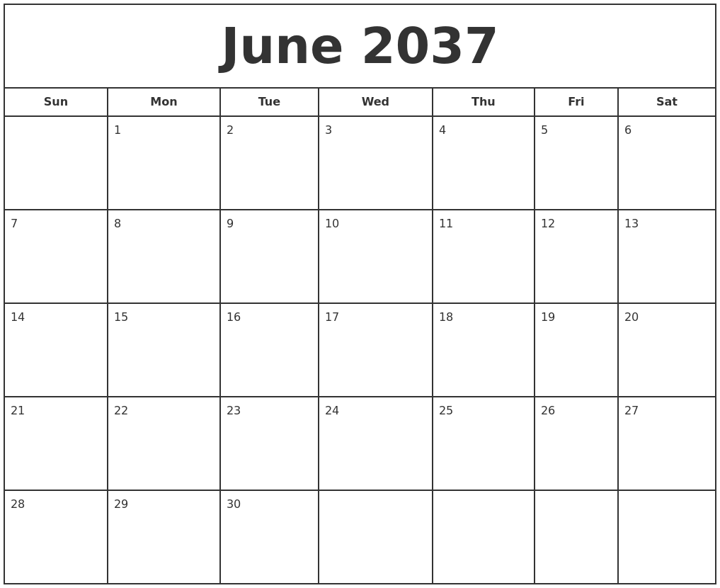 June 2037 Print Free Calendar