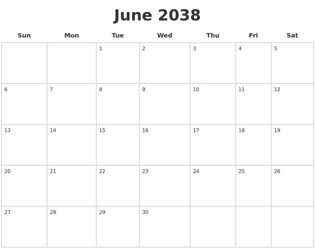 June 2038 Blank Calendar Pages