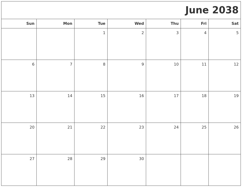 June 2038 Printable Blank Calendar