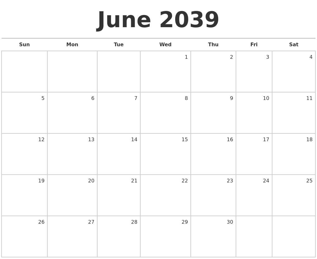 June 2039 Blank Monthly Calendar