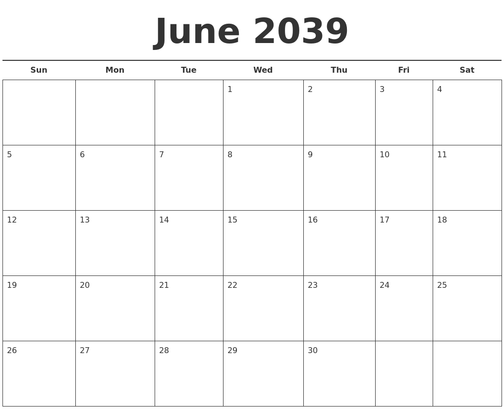 June 2039 Free Calendar Template