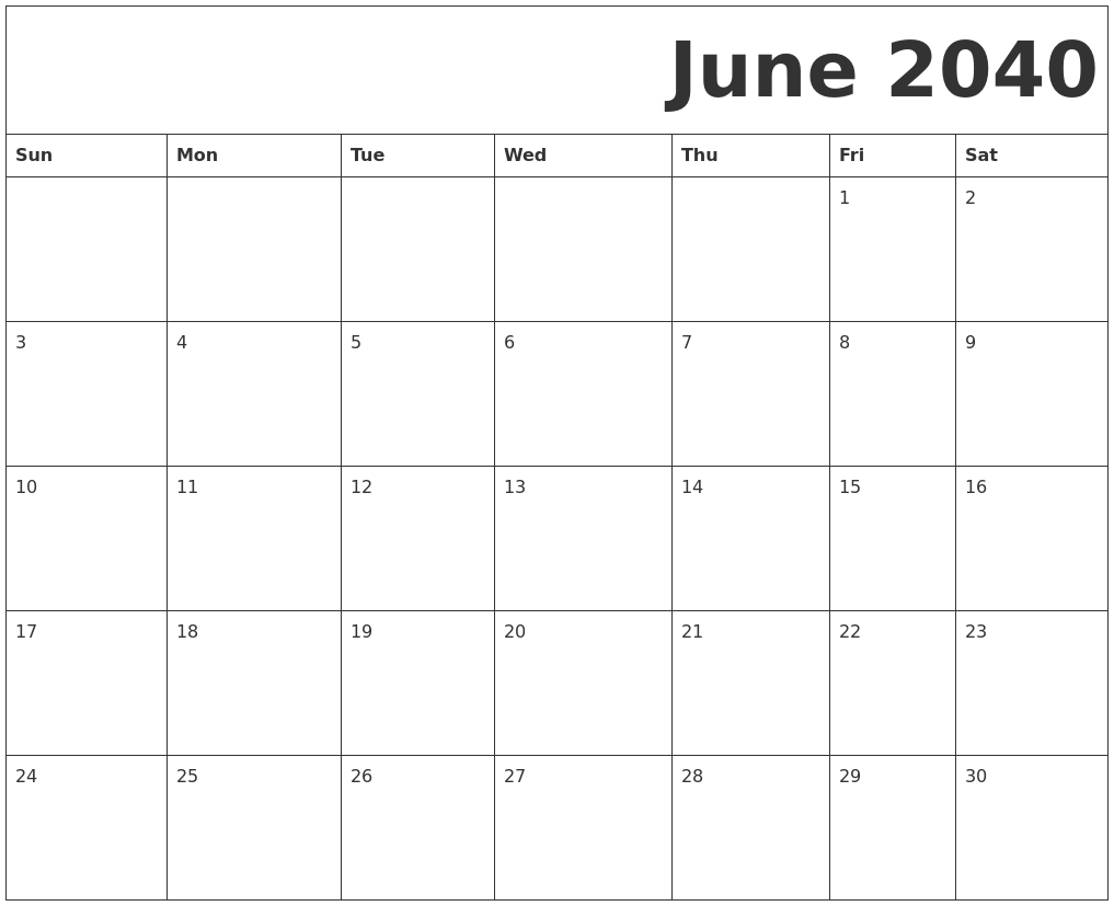 June 2040 Free Printable Calendar