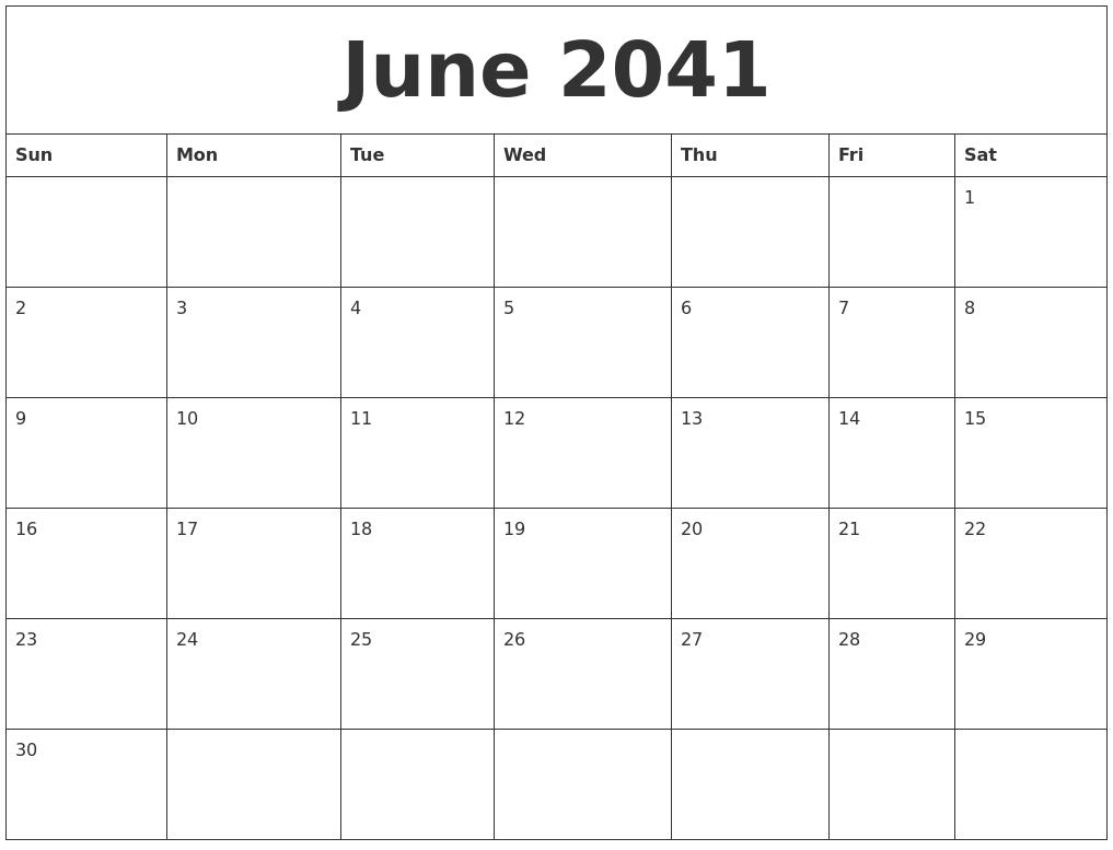 June 2041 Blank Calendar To Print