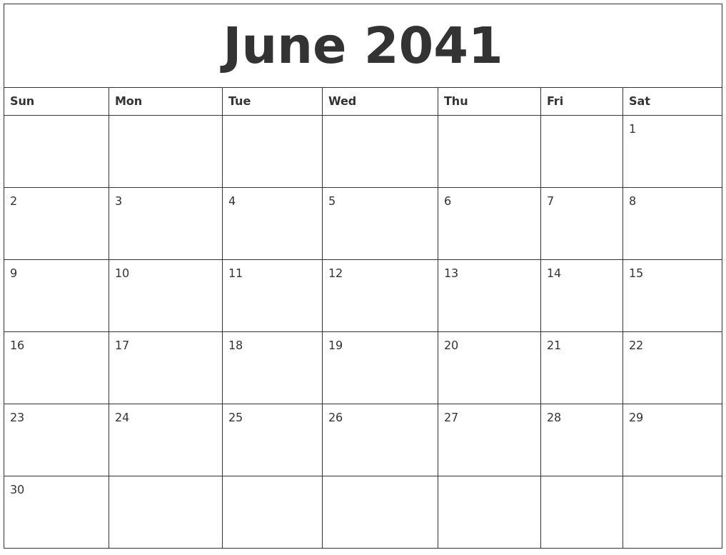 June 2041 Blank Monthly Calendar Pdf